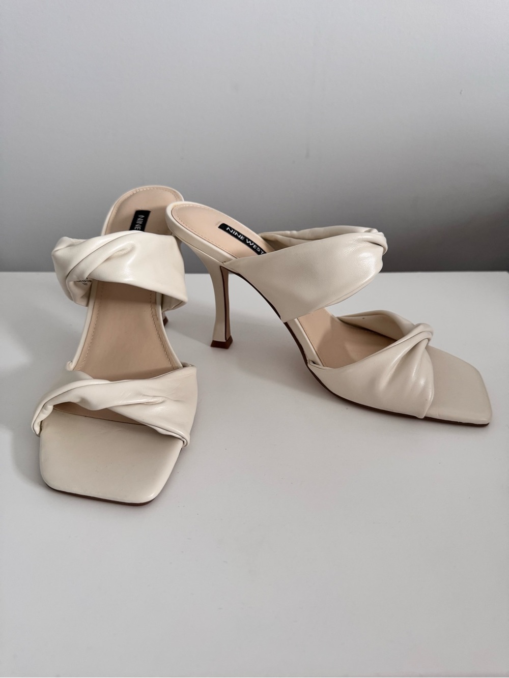 Nine West Cream Twisted Double-Strap High Heel Mules - Size 10